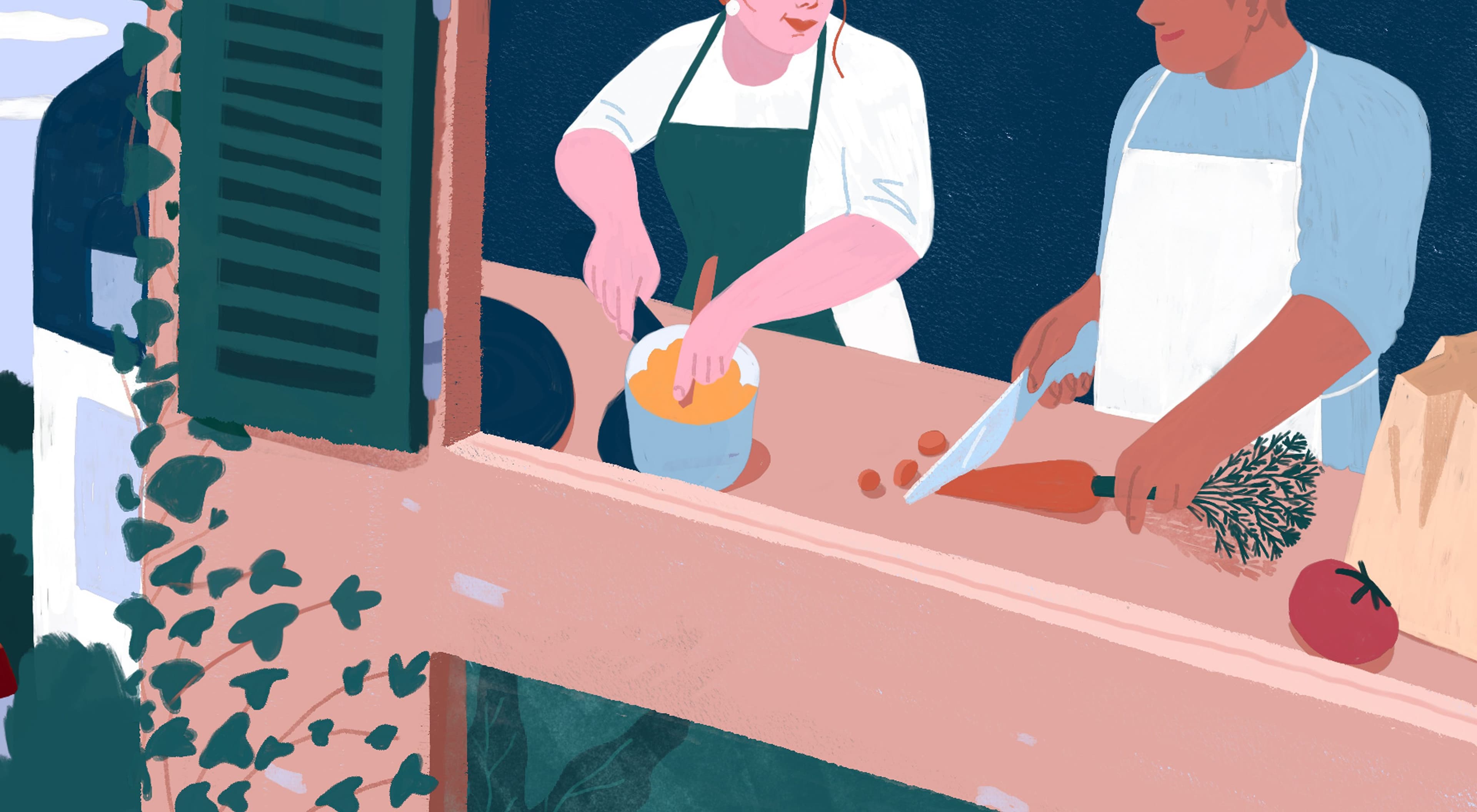 Illustration d'une femme et d'un homme en train de cuisiner