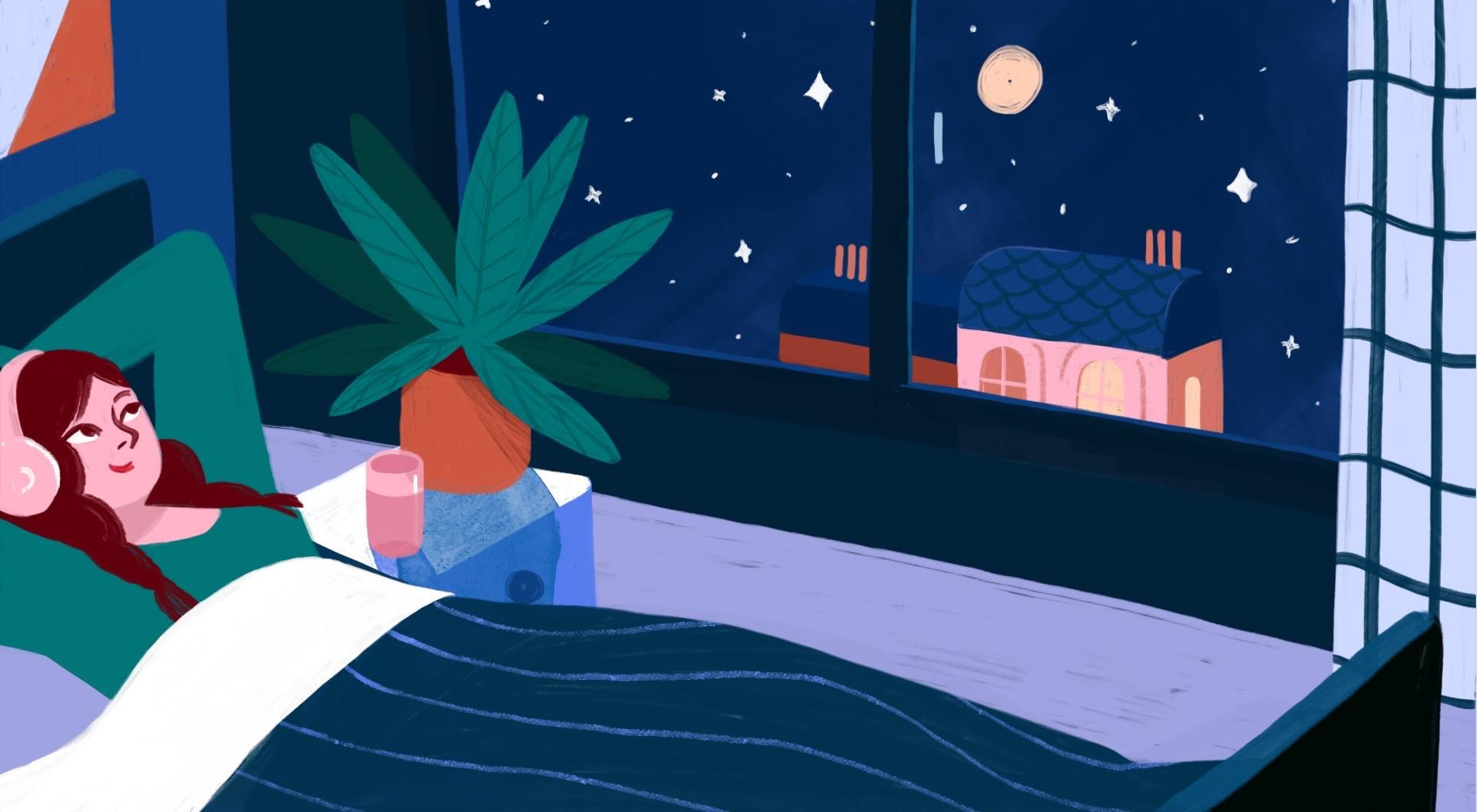 Illustration d'une jeune femme dans sa chambre
